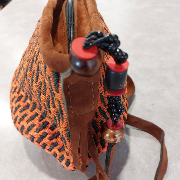 Woven Sisal Straw Beaded Shoulder Bag - Orange/Black/Brown - Picture 4 of 8